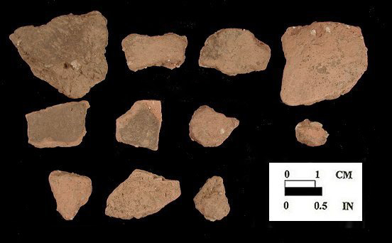 Shenks Ferry body sherds (exterior surface) from the Perry Point site I-5, 18CE256/86, 91, 92.
